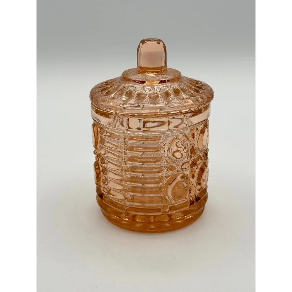 Vintage Windsor Pink Indiana Glass Jam Jar with Lid Diamond Pressed Glass Pink